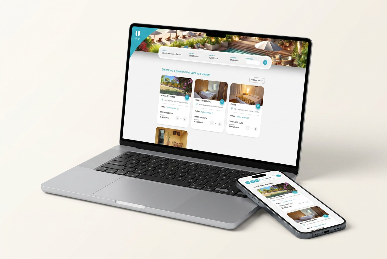 Painel da Utrip em um notebook com calendário de tarifas e site da pousada no celular