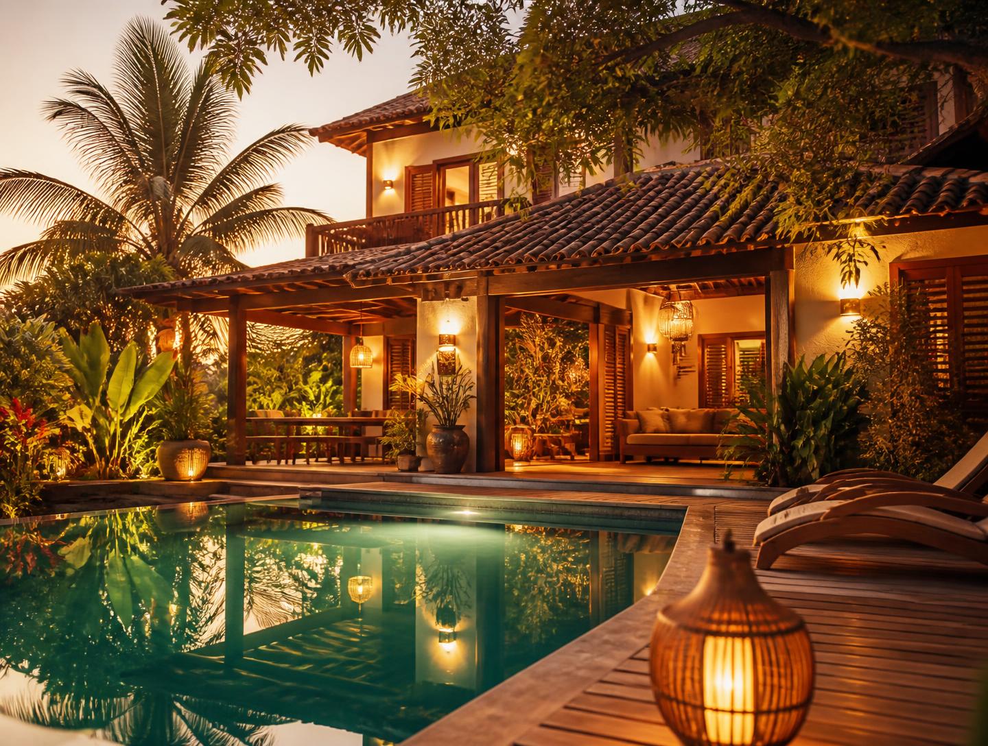 Pousada aconchegante iluminada ao anoitecer com piscina e jardim tropical
